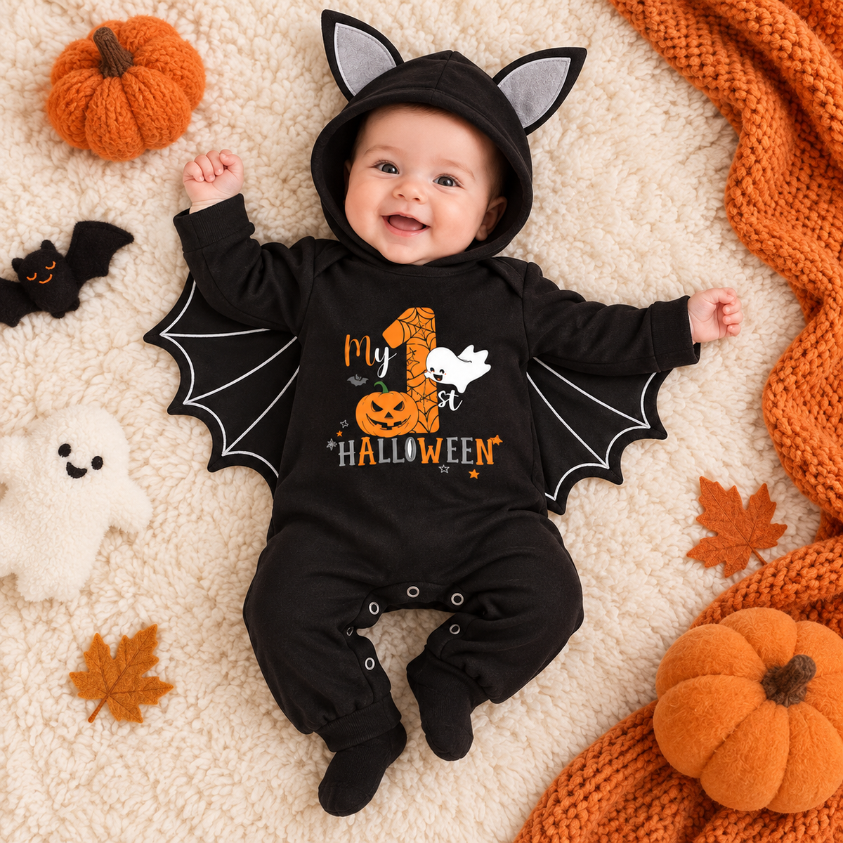 Baby "Mijn Eerste Halloween" Zwart Vleermuispakje met Vleugeltjes
