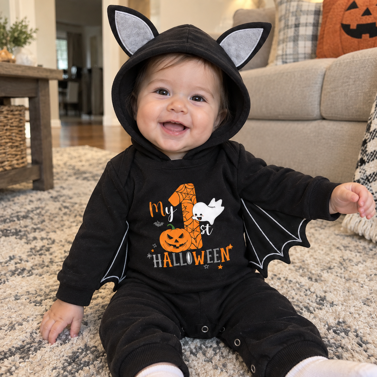 Baby "Mijn Eerste Halloween" Zwart Vleermuispakje met Vleugeltjes