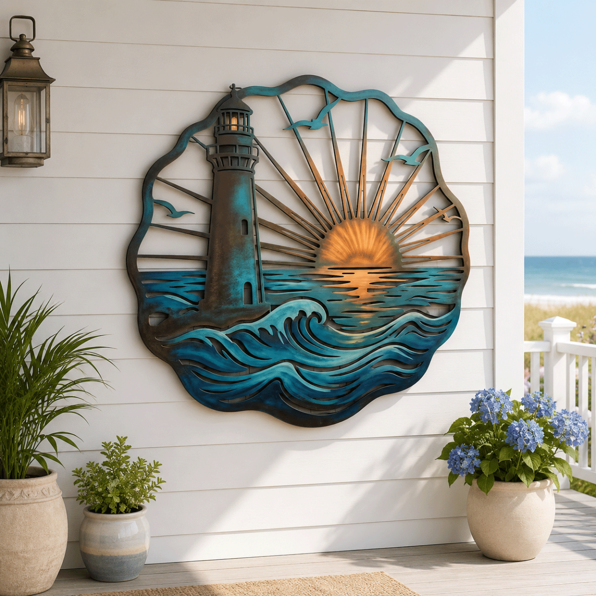 🌅 Golden Harbour-muurschildering – Metalen wanddecoratie in vintage kuststijl⚓