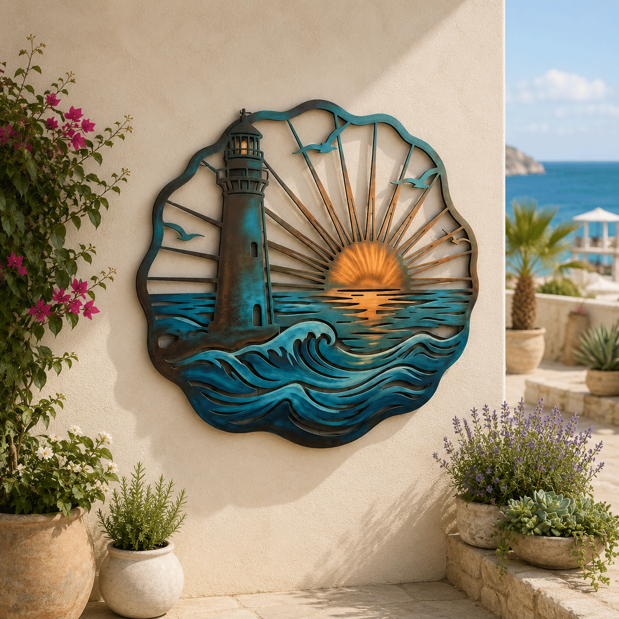 🌅 Golden Harbour-muurschildering – Metalen wanddecoratie in vintage kuststijl⚓