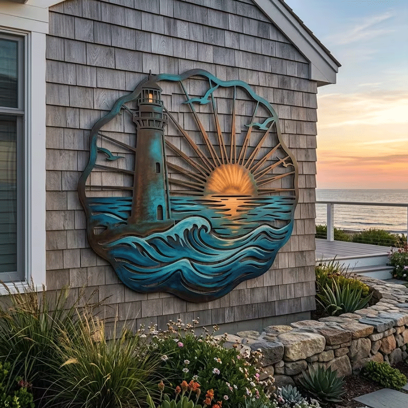 🌅 Golden Harbour-muurschildering – Metalen wanddecoratie in vintage kuststijl⚓