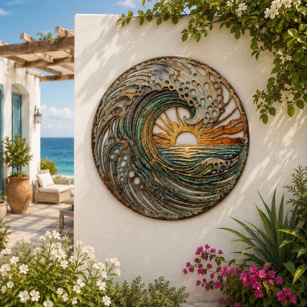 🌅 Golden Harbour-muurschildering – Metalen wanddecoratie in vintage kuststijl⚓