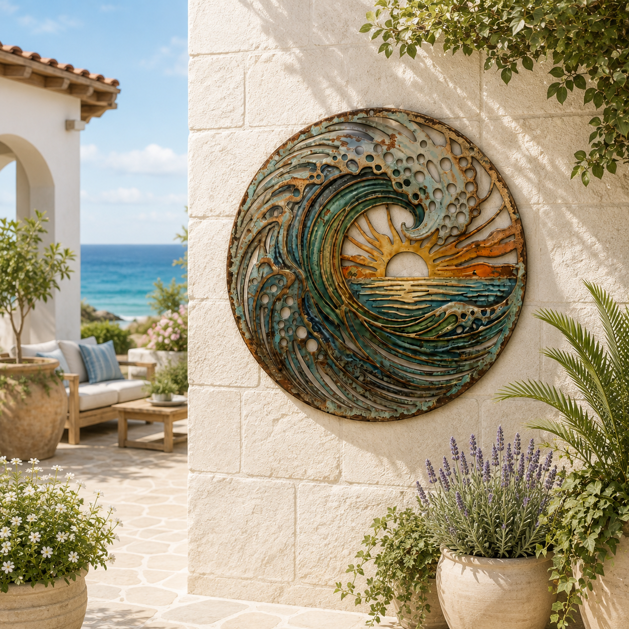 🌅 Golden Harbour-muurschildering – Metalen wanddecoratie in vintage kuststijl⚓