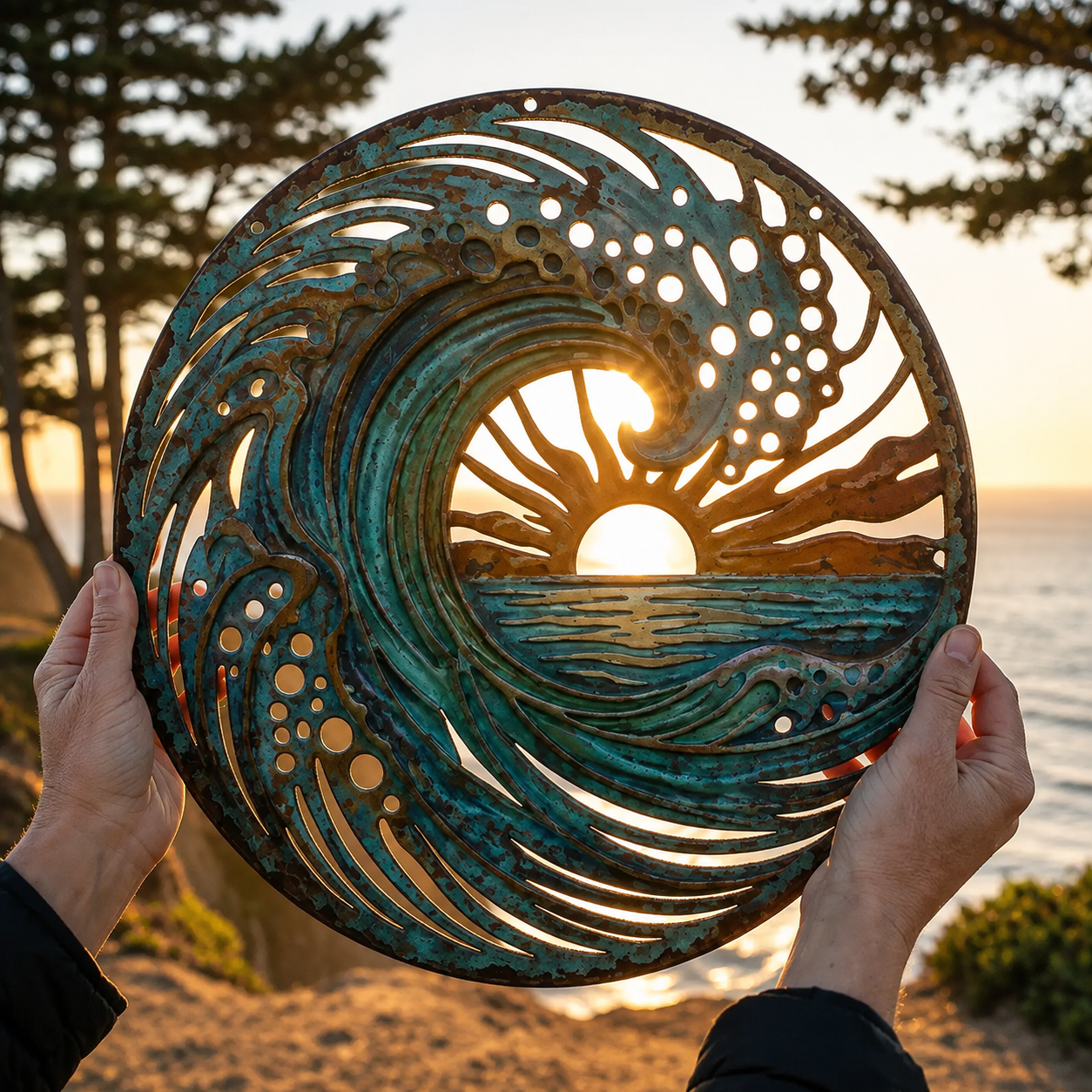 🌅 Golden Harbour-muurschildering – Metalen wanddecoratie in vintage kuststijl⚓