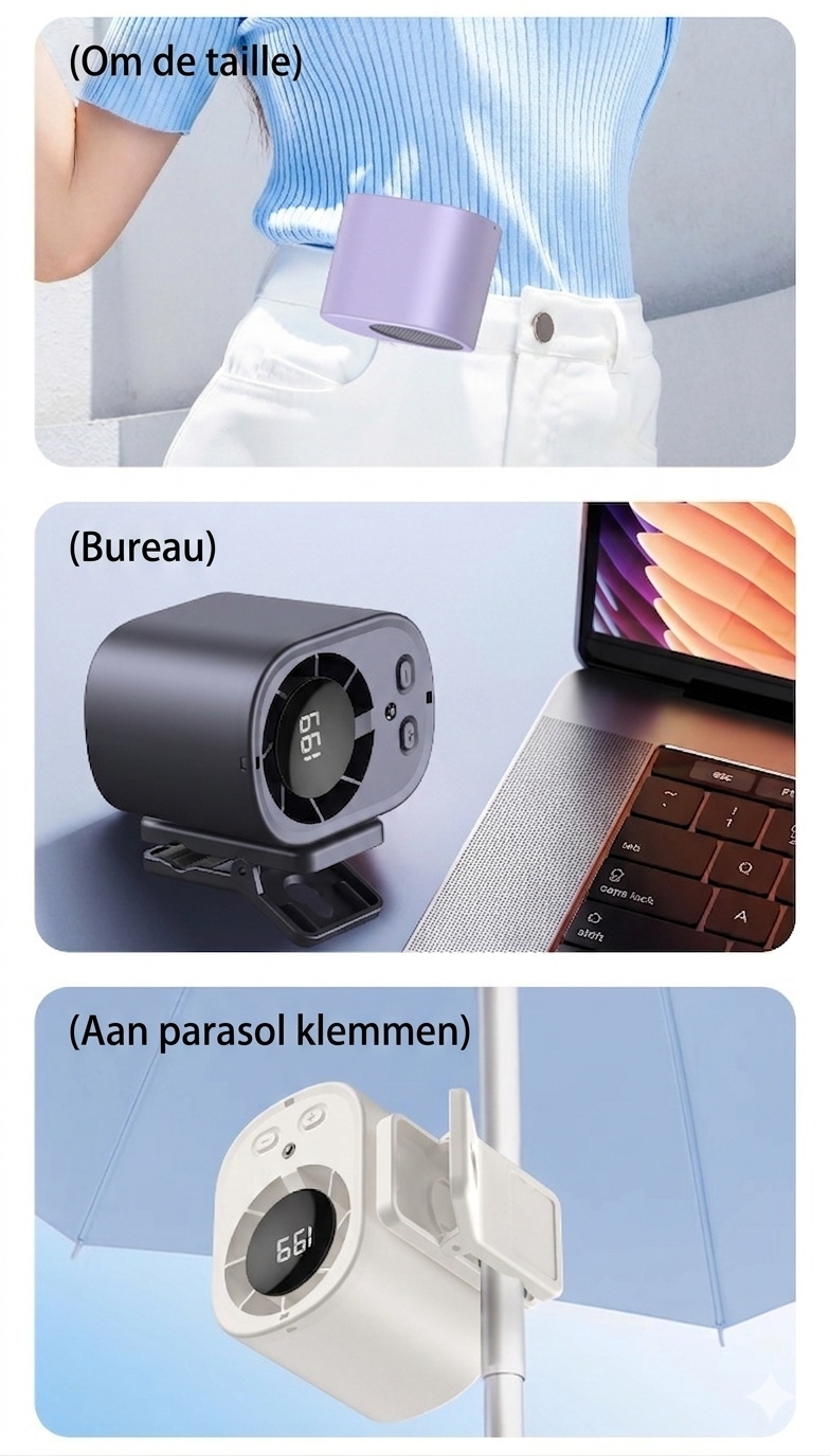 Draagbare koelventilator voor buiten 🌬️✨: met handige heupclip 👖, nekhanger 📿 en comfortabele handgreep ✊.