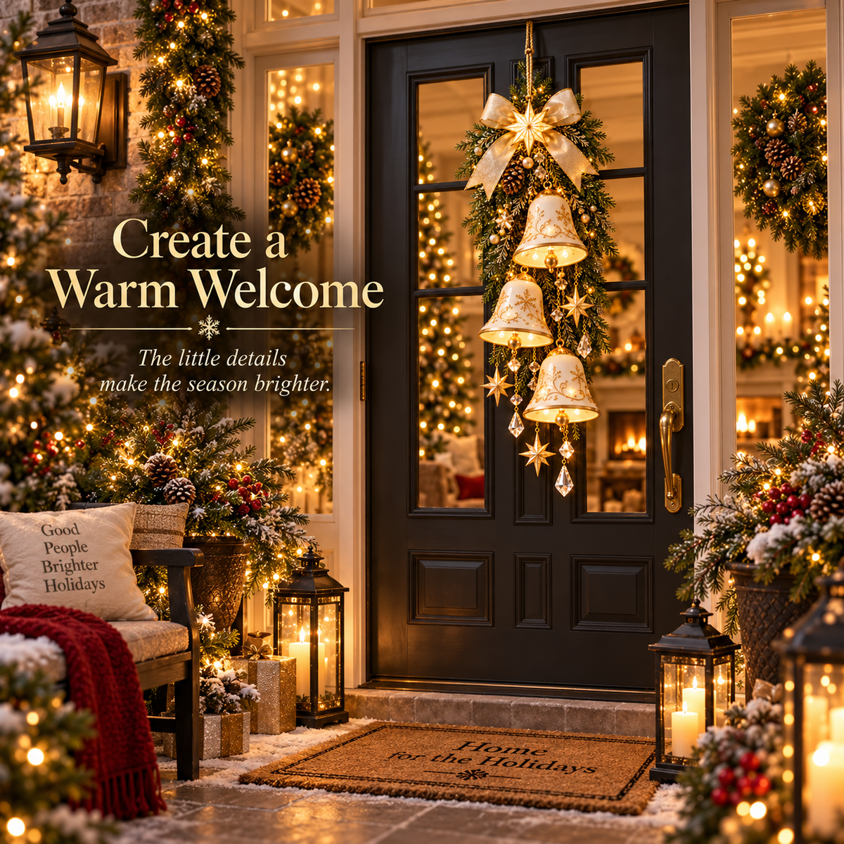 ✨ Golden Bell Blessing Cascade™ – Verlichte kerstdeurversiering