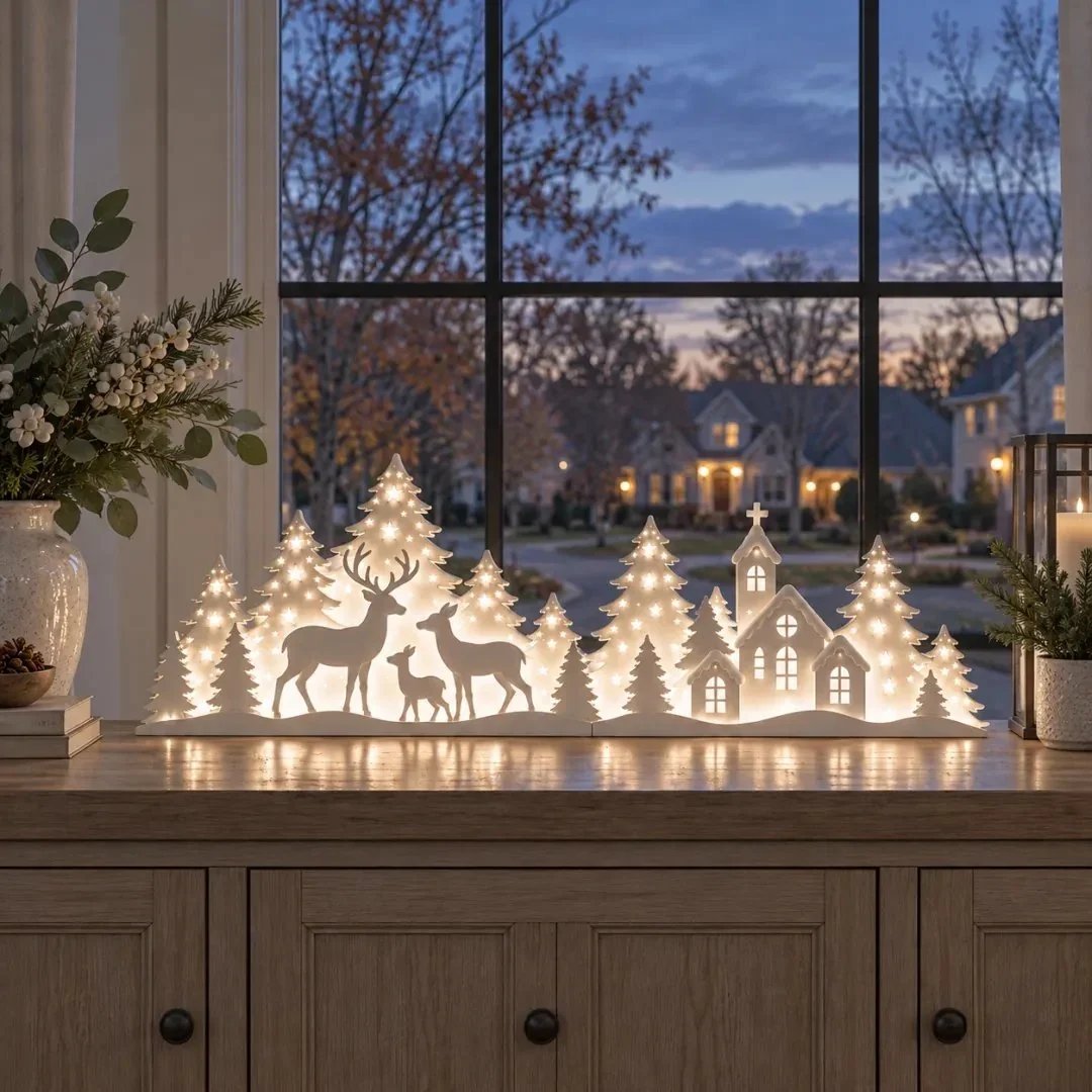🦌 Verlichte Kerstdecoratie voor het Raam – Rendier & Dorp | 2-delige LED-set ✨
