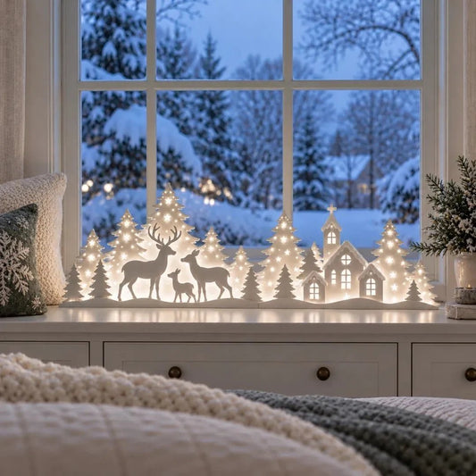 🦌 Verlichte Kerstdecoratie voor het Raam – Rendier & Dorp | 2-delige LED-set ✨