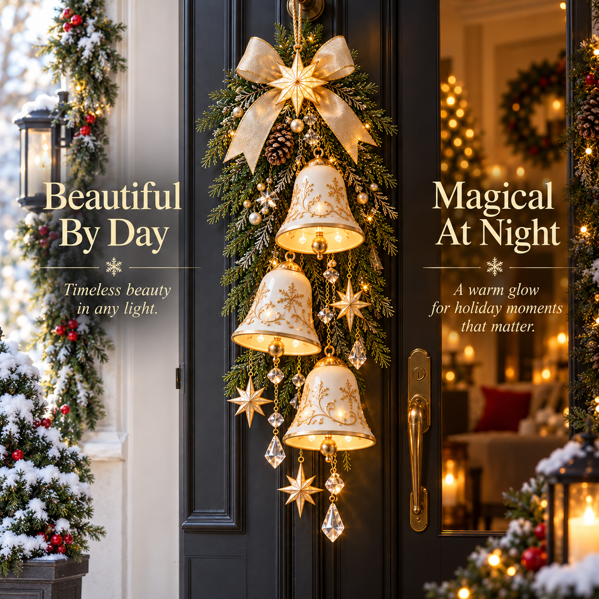✨ Golden Bell Blessing Cascade™ – Verlichte kerstdeurversiering
