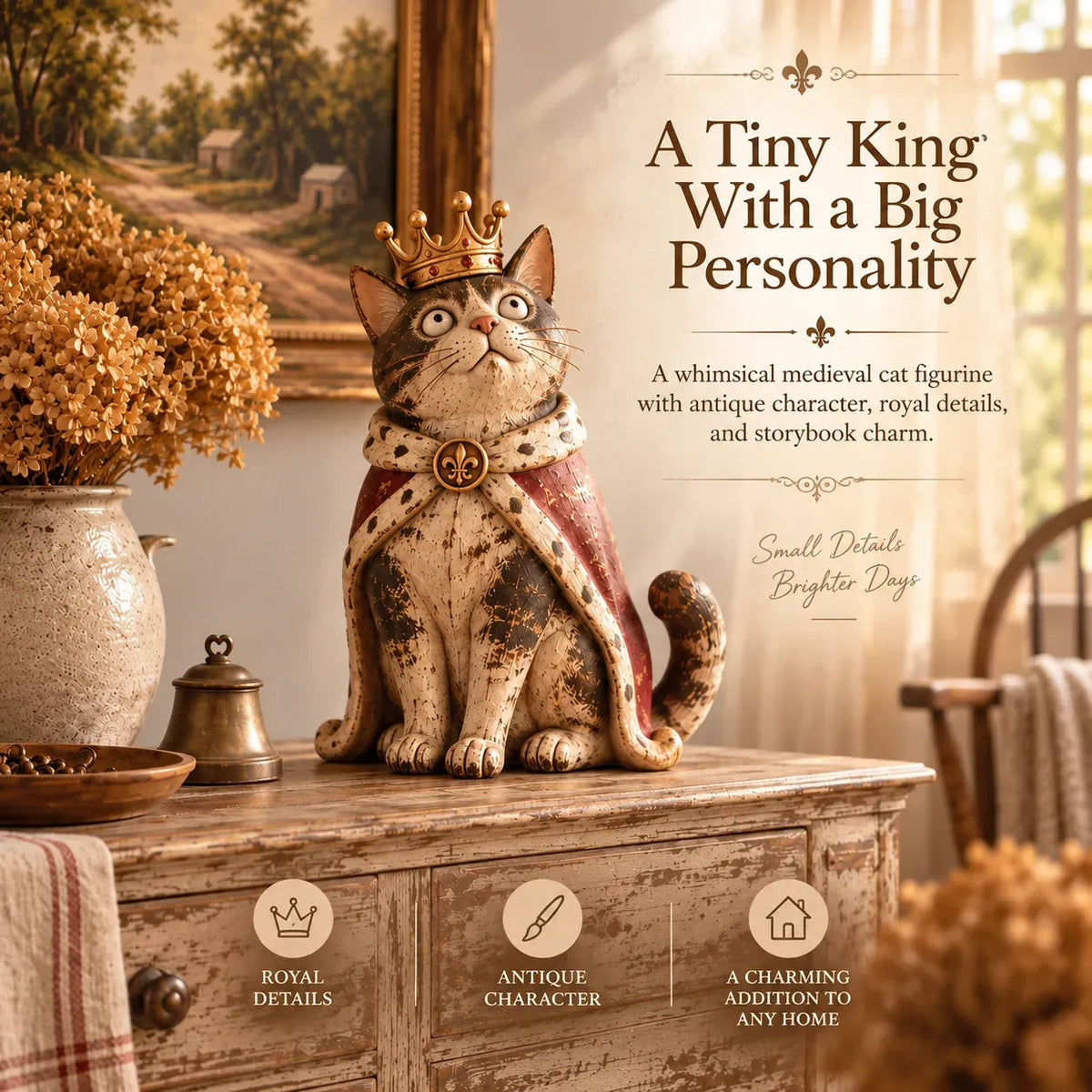 👑 Middeleeuwse Kattenhof Beeldjes | 5 Vintage-geïnspireerde Koninklijke Personages voor Planken, Schoorsteenmantels & Kattenverzamelaars 🐈