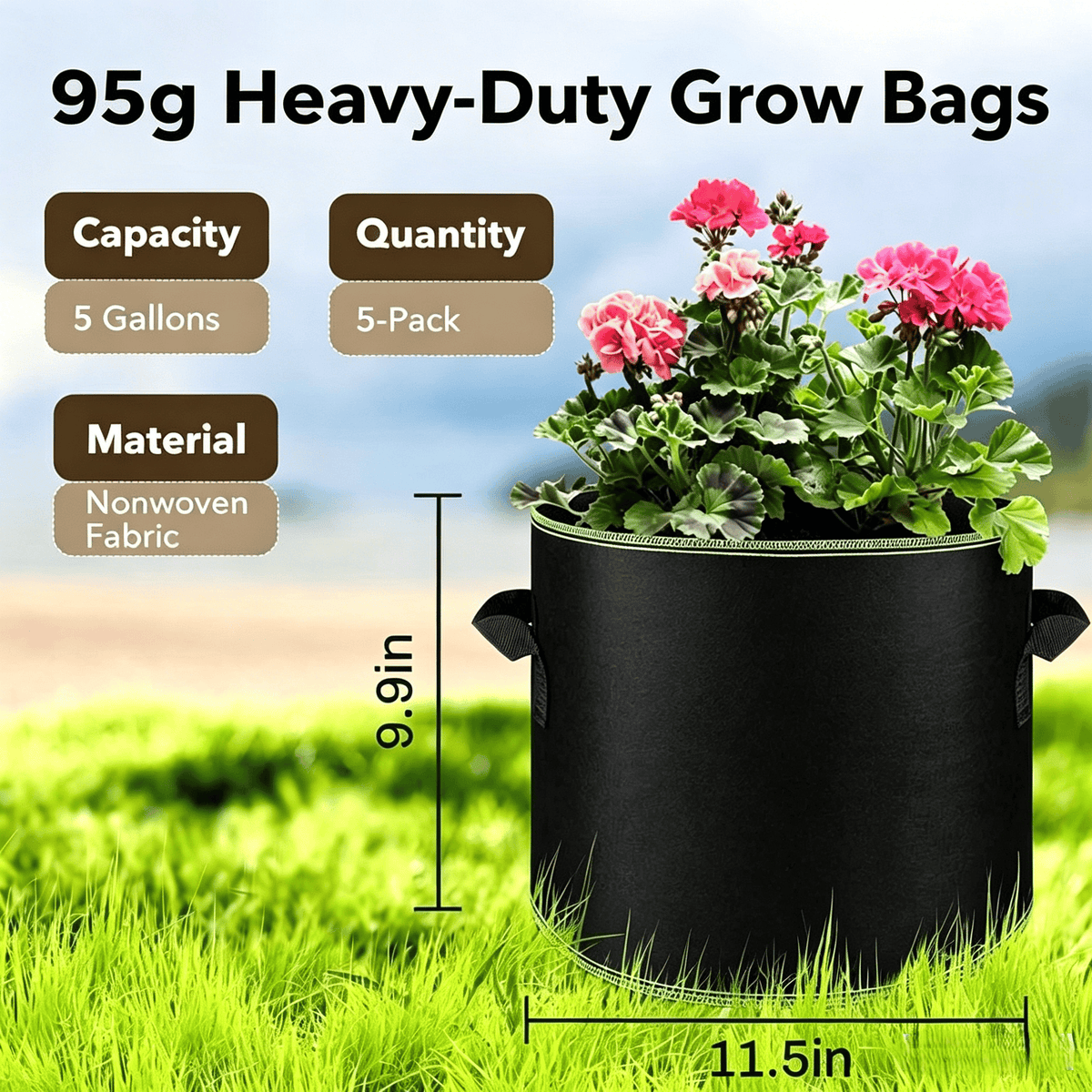 🪴 5-Pack 5 Gallon Grow Bags – Heavy Duty Aeration Fabric Pots with Handles for Vegetables, Flowers & Fruits