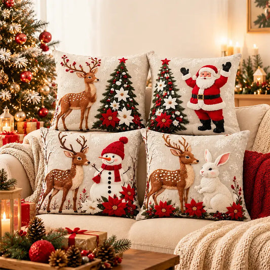 🎅【4-delige set】☃️ Kerstkussenslopen met Kerstman, Sneeuwpop, Rendier en Kerstboom, feestelijke decoratie voor de bank, slaapkamer en woonkamer, creëert direct een gezellige sfeer 🎄✨