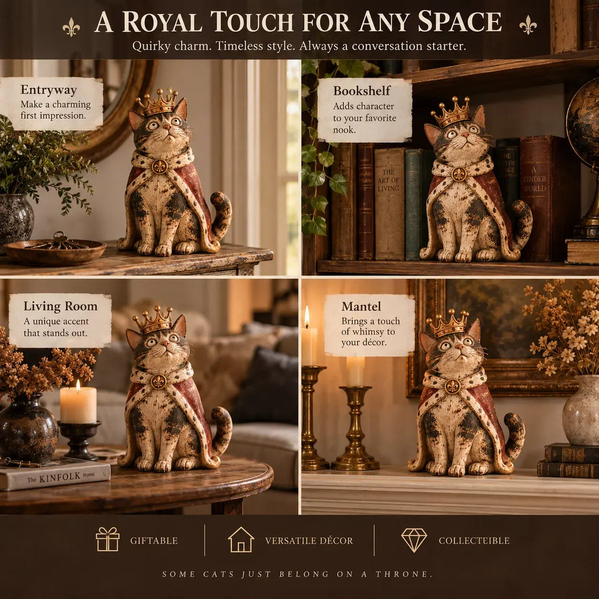 👑 Middeleeuwse Kattenhof Beeldjes | 5 Vintage-geïnspireerde Koninklijke Personages voor Planken, Schoorsteenmantels & Kattenverzamelaars 🐈