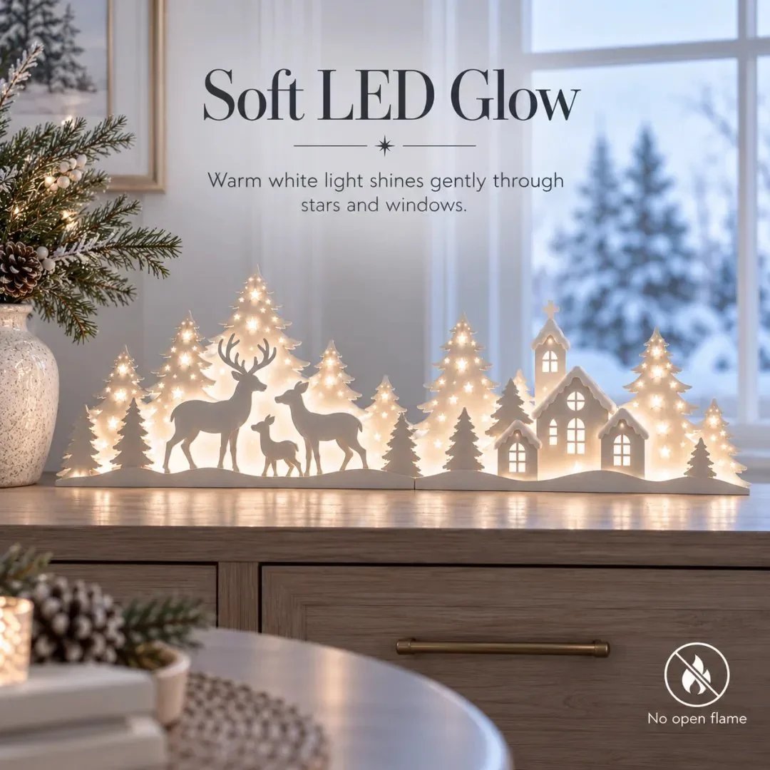 🦌 Verlichte Kerstdecoratie voor het Raam – Rendier & Dorp | 2-delige LED-set ✨