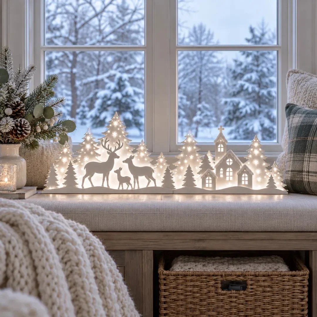 🦌 Verlichte Kerstdecoratie voor het Raam – Rendier & Dorp | 2-delige LED-set ✨