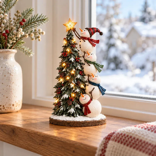 ⛄️ Sneeuwpop bovenop de kerstboom – Verlicht Kerstbeeldje ✨