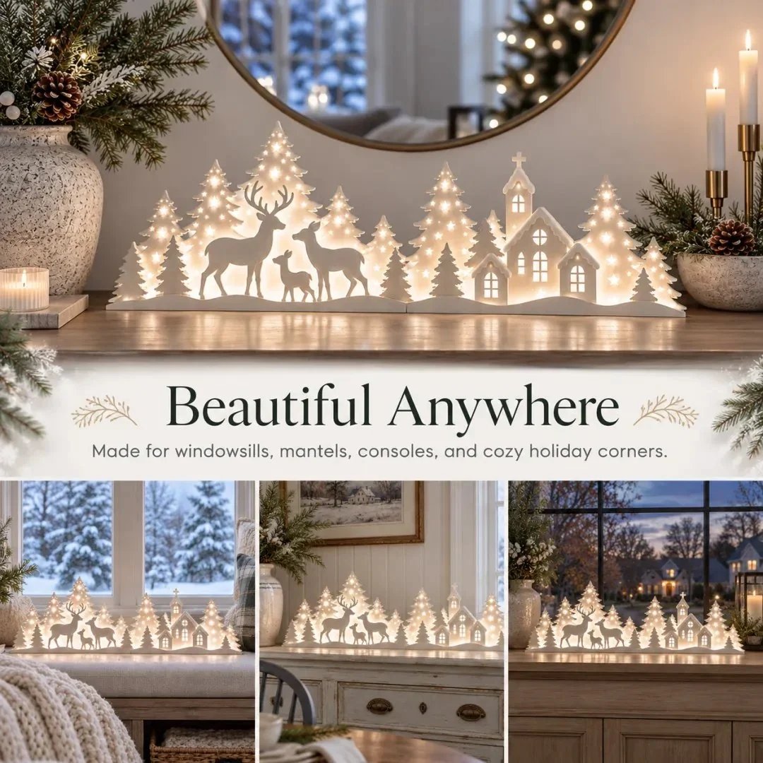 🦌 Verlichte Kerstdecoratie voor het Raam – Rendier & Dorp | 2-delige LED-set ✨