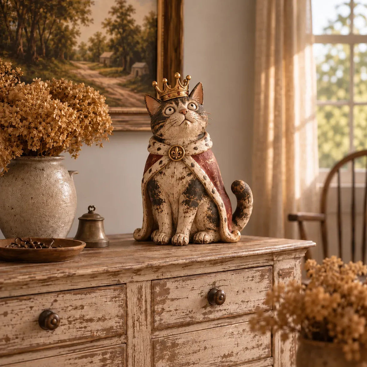 👑 Middeleeuwse Kattenhof Beeldjes | 5 Vintage-geïnspireerde Koninklijke Personages voor Planken, Schoorsteenmantels & Kattenverzamelaars 🐈