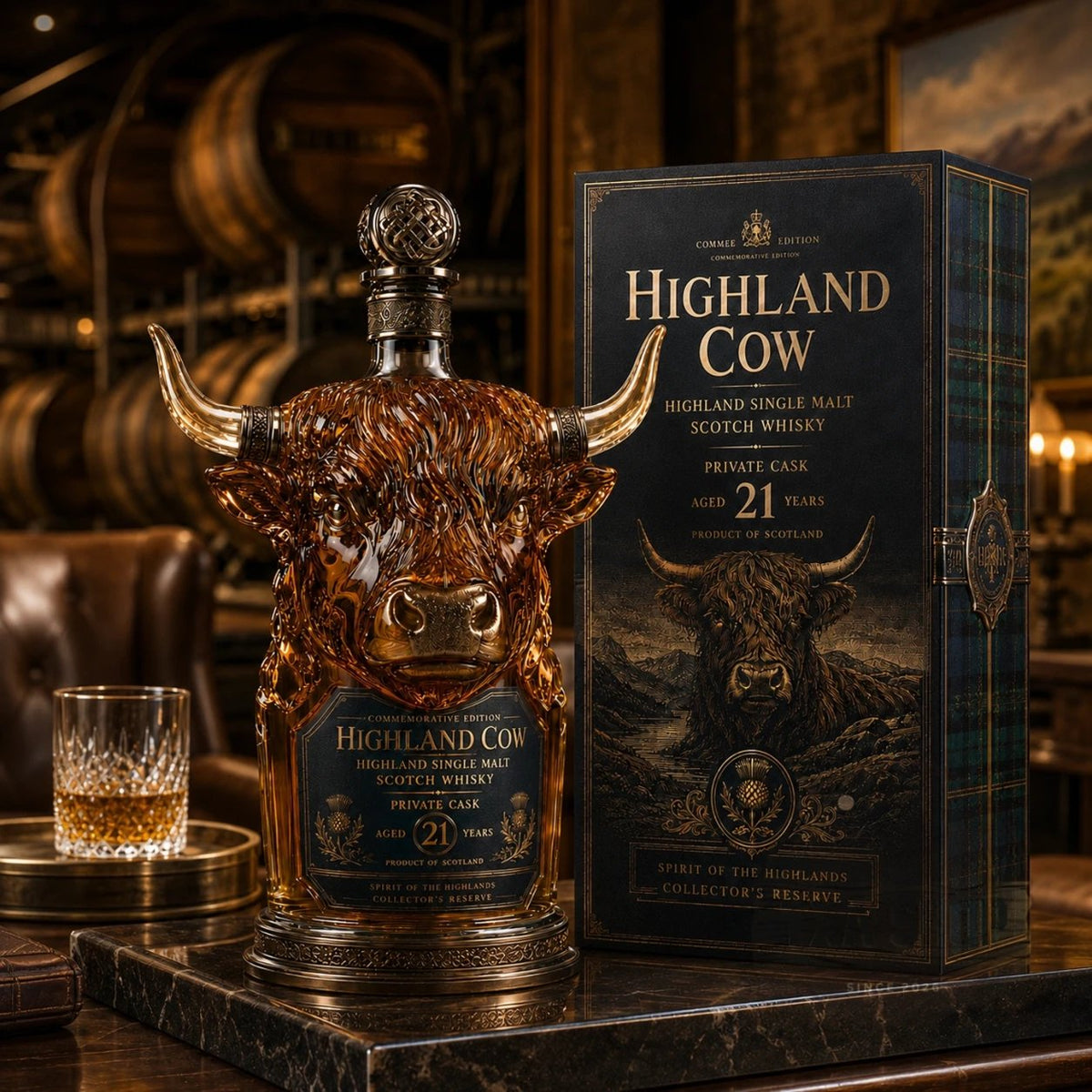🐂 Highland Cow Private Cask 21 Jaar Schotse Whisky in Koeienkop Vorm Fles