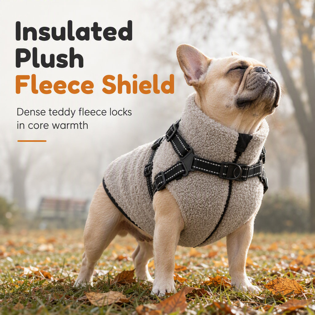 ⏳ 50% KORTING! Warme Winterhondenjas met Reflecterende Strepen & Harnas — Teddy Fleece & Dubbel Metalen D-Ring — Maten S-XL 🐶❄️