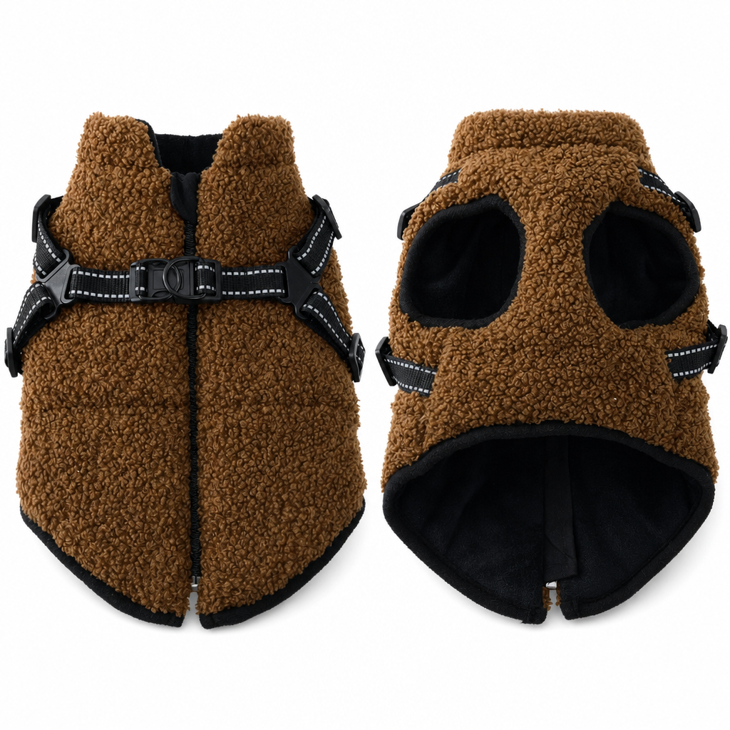 ⏳ 50% KORTING! Warme Winterhondenjas met Reflecterende Strepen & Harnas — Teddy Fleece & Dubbel Metalen D-Ring — Maten S-XL 🐶❄️