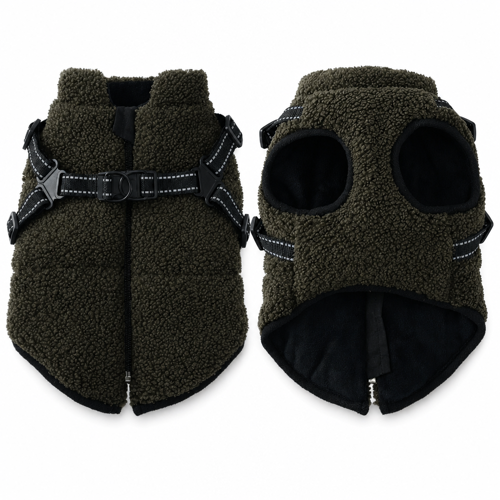 ⏳ 50% KORTING! Warme Winterhondenjas met Reflecterende Strepen & Harnas — Teddy Fleece & Dubbel Metalen D-Ring — Maten S-XL 🐶❄️
